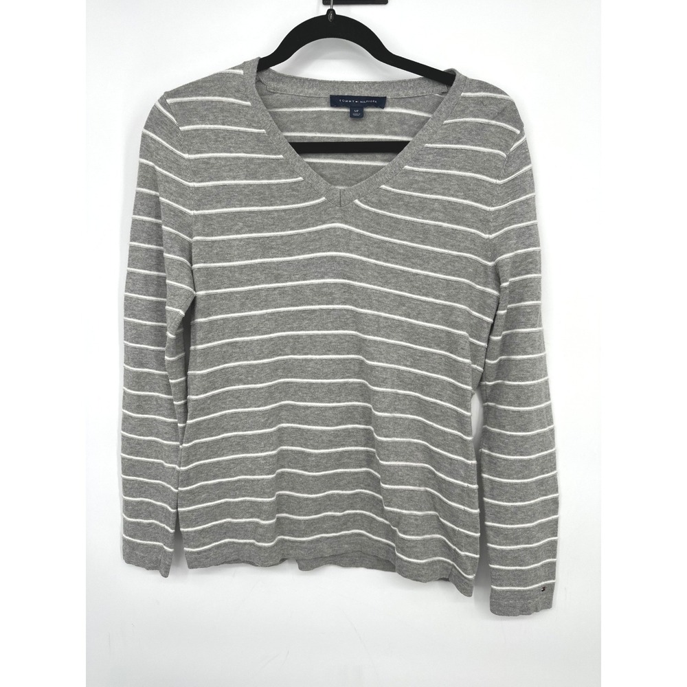 Tommy Hilfiger Sweater Womens Small Gray Striped V-Neck Pullover Preppy Coastal